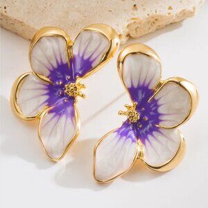 NEW Estrella Purple and White Enamel Flower Petal Statement Earrings